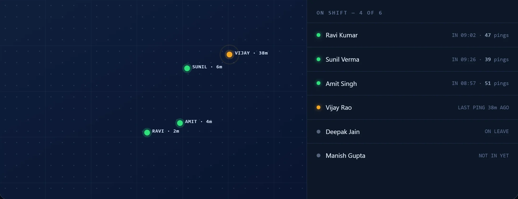 GeoWave live team map with field staff positions and an on-shift list
