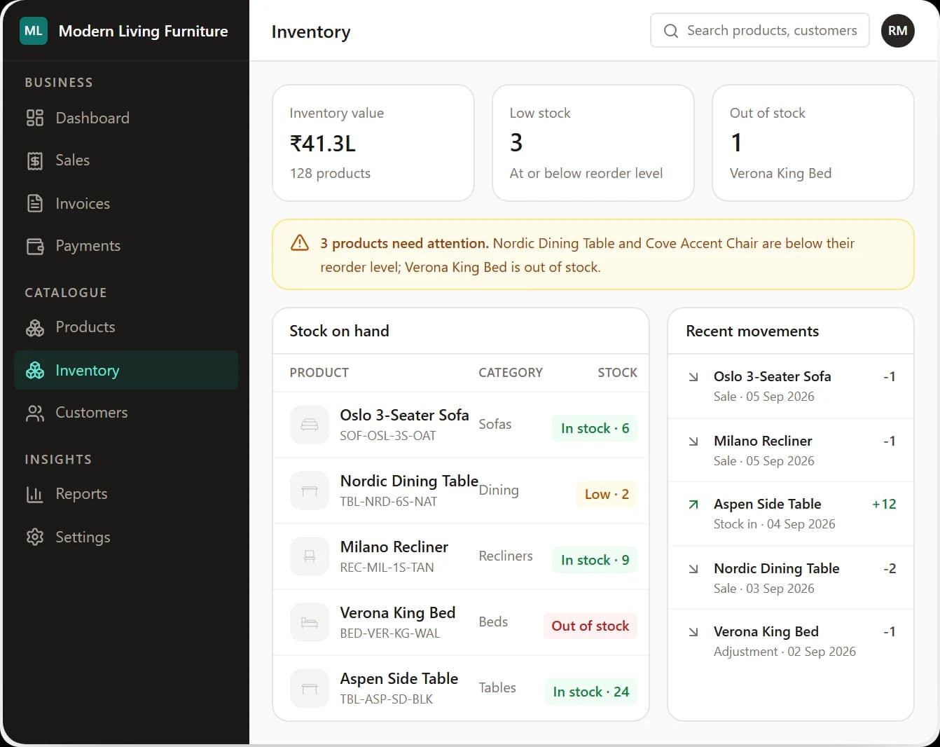 Intelix360 inventory screen with stock value, low-stock alerts and recent stock movements